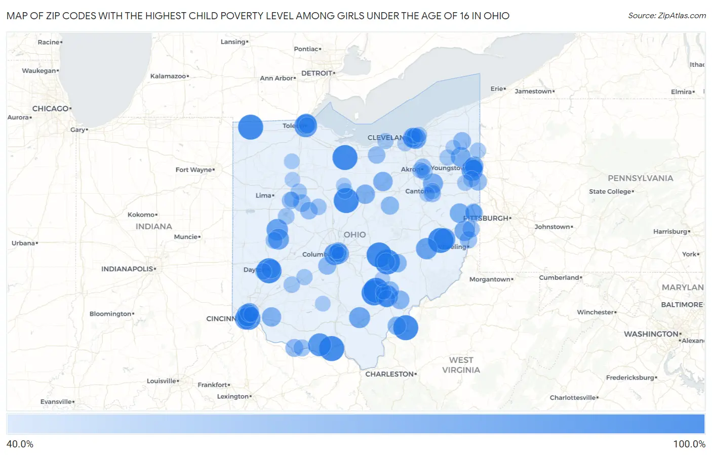 Zip Codes with the Highest Child Poverty Level Among Girls Under the Age of 16 in Ohio Map