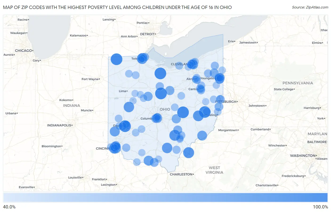 Zip Codes with the Highest Poverty Level Among Children Under the Age of 16 in Ohio Map