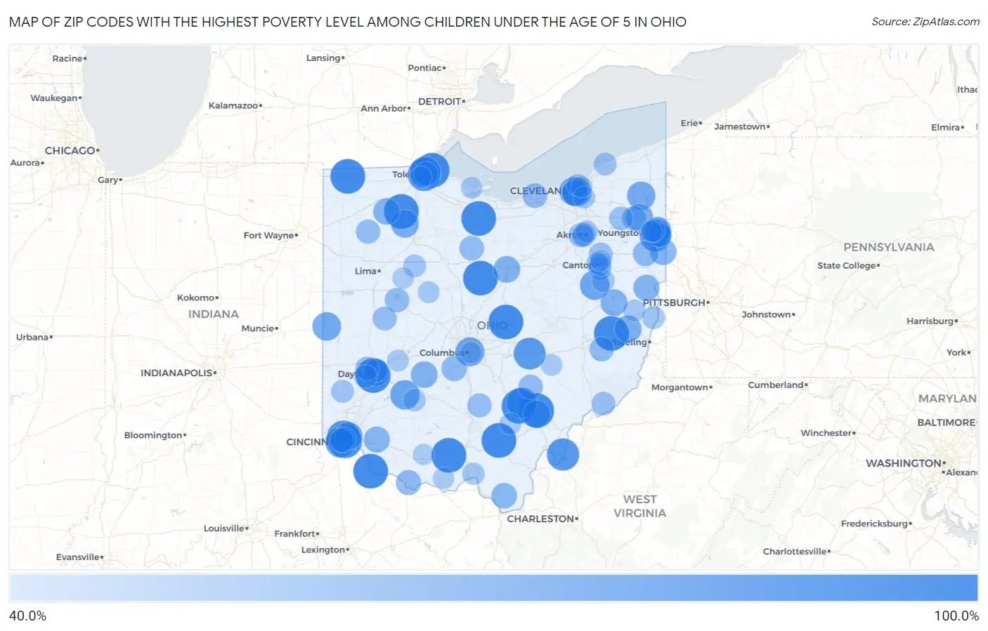 Zip Codes with the Highest Poverty Level Among Children Under the Age of 5 in Ohio Map