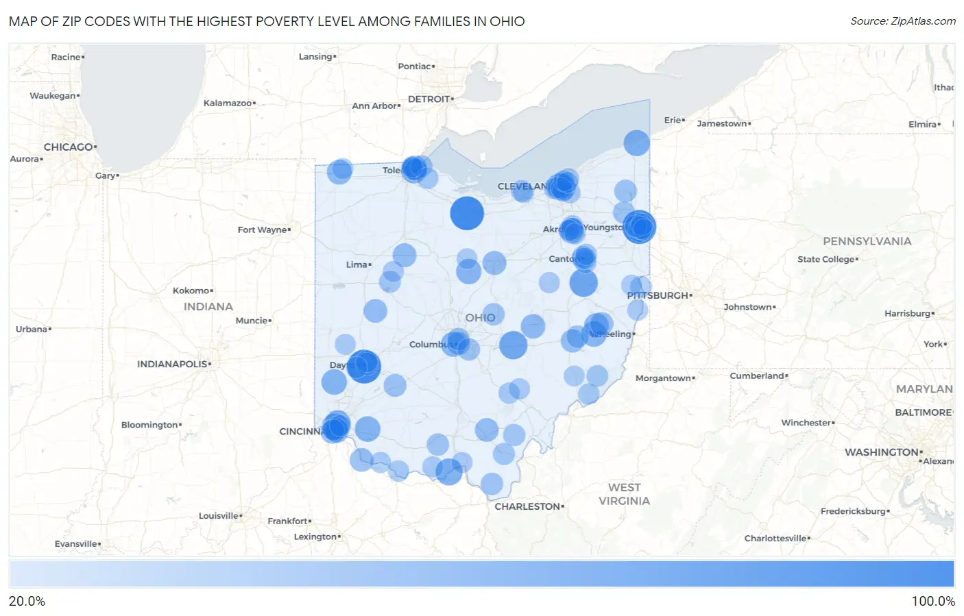 Zip Codes with the Highest Poverty Level Among Families in Ohio Map