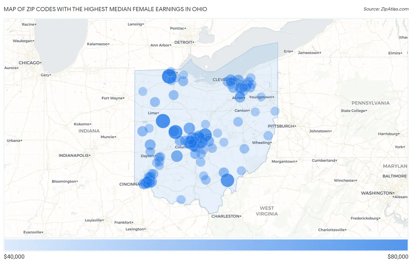 Zip Codes with the Highest Median Female Earnings in Ohio Map