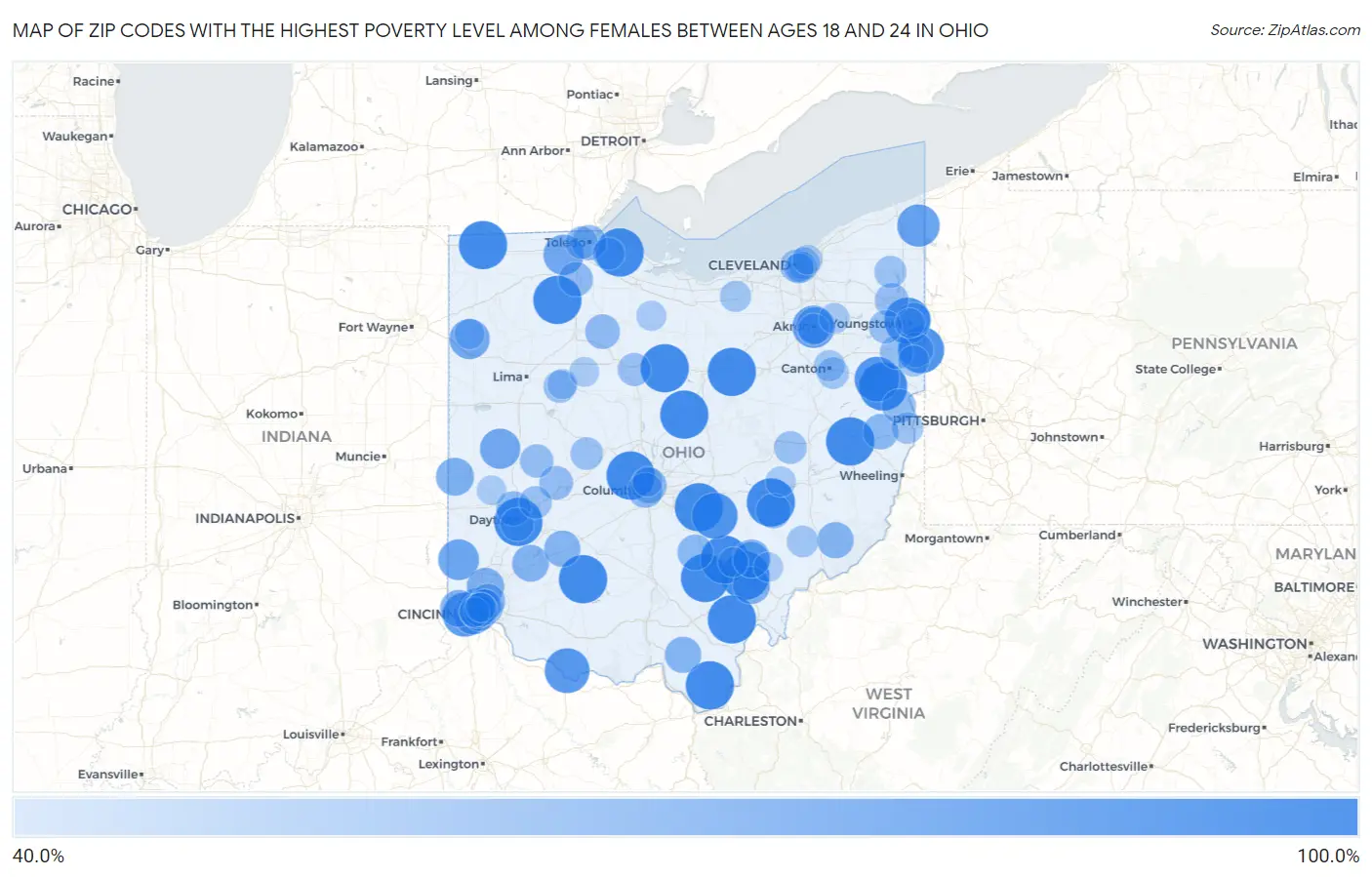 Zip Codes with the Highest Poverty Level Among Females Between Ages 18 and 24 in Ohio Map
