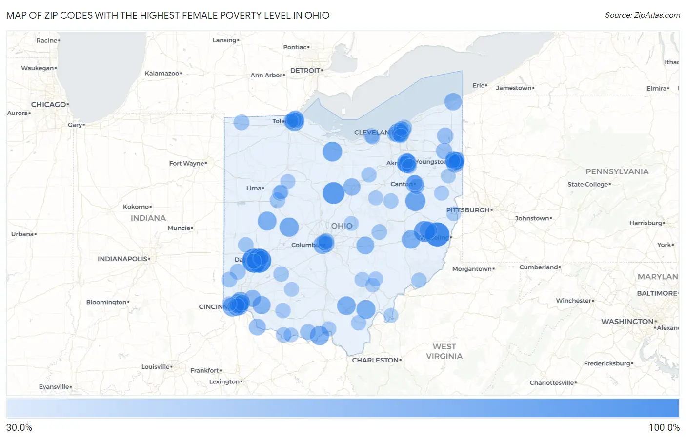 Zip Codes with the Highest Female Poverty Level in Ohio Map