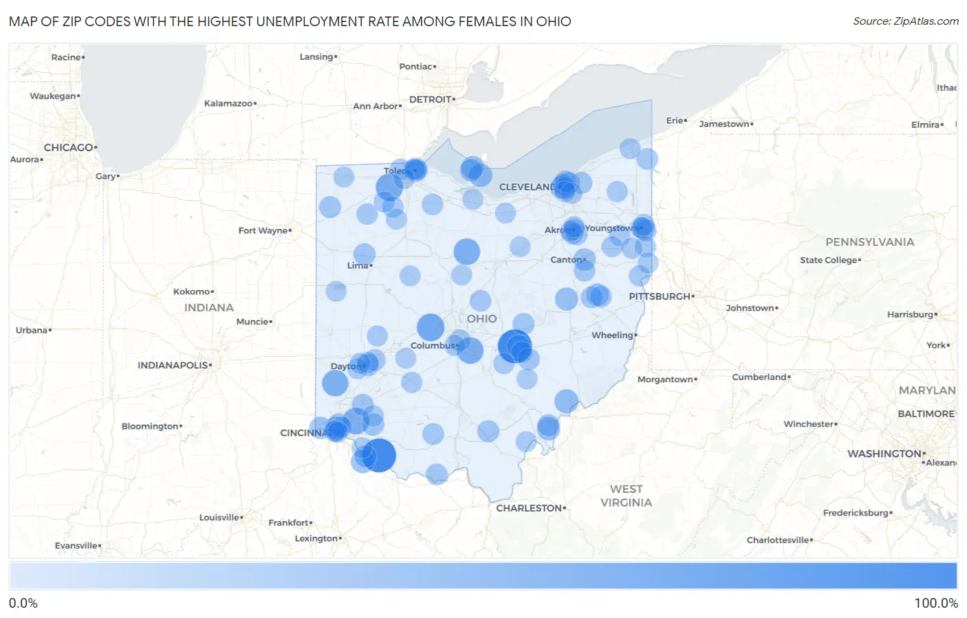 Zip Codes with the Highest Unemployment Rate Among Females in Ohio Map