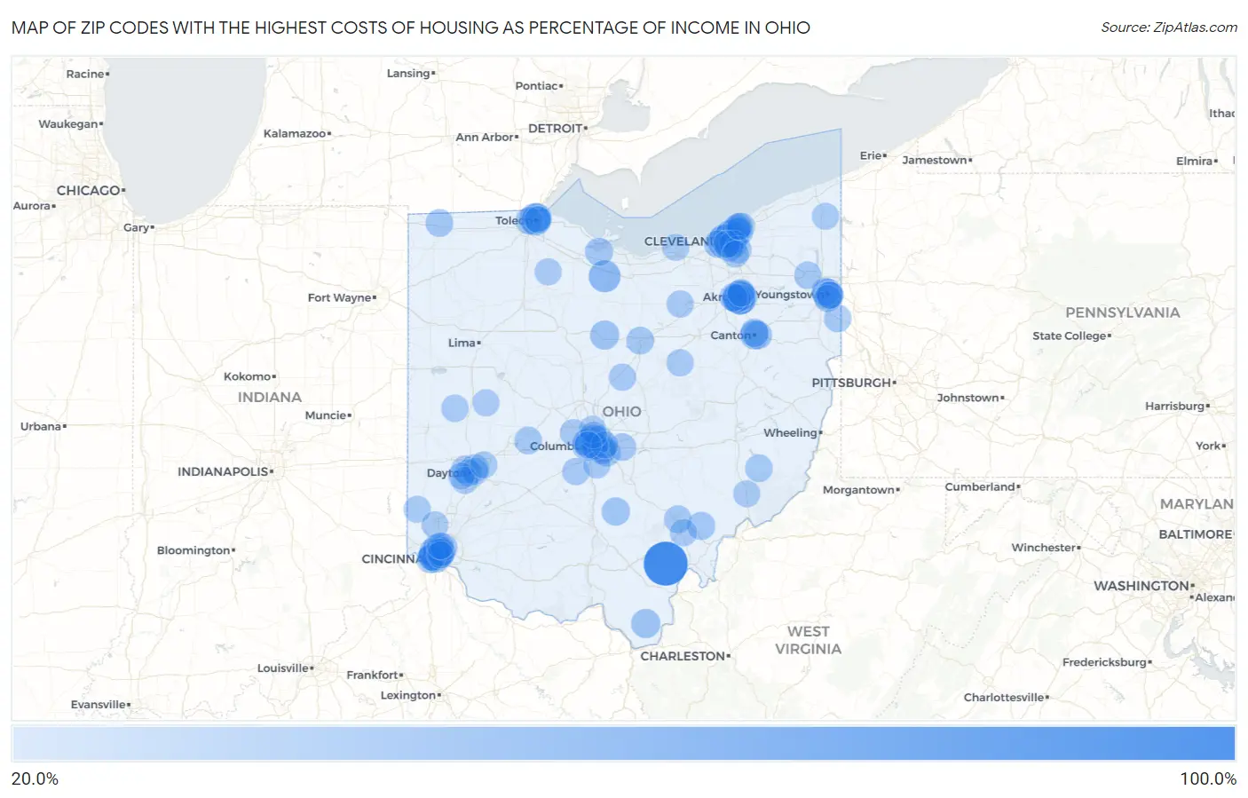 Zip Codes with the Highest Costs of Housing as Percentage of Income in Ohio Map