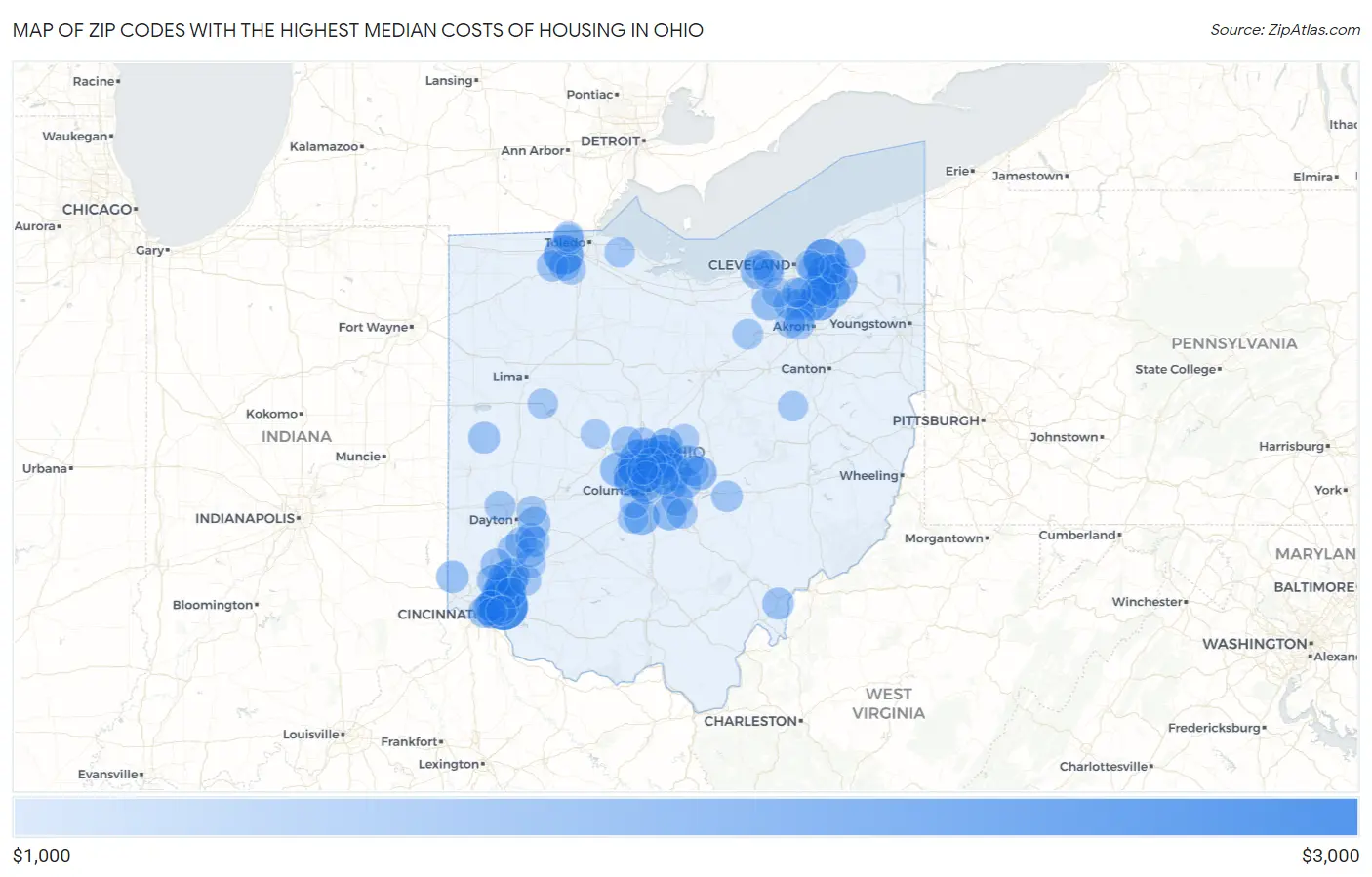 Zip Codes with the Highest Median Costs of Housing in Ohio Map