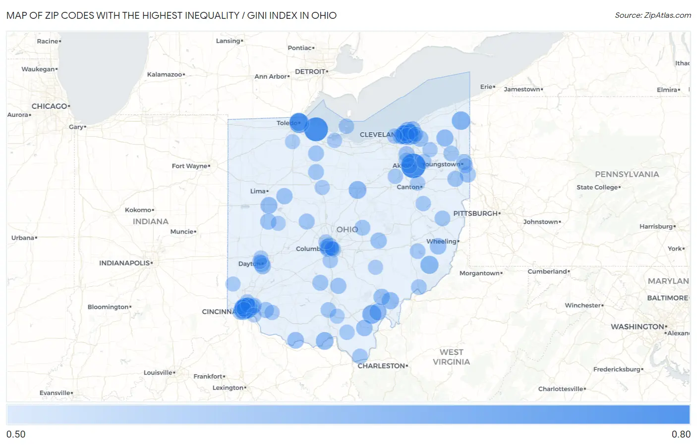Zip Codes with the Highest Inequality / Gini Index in Ohio Map