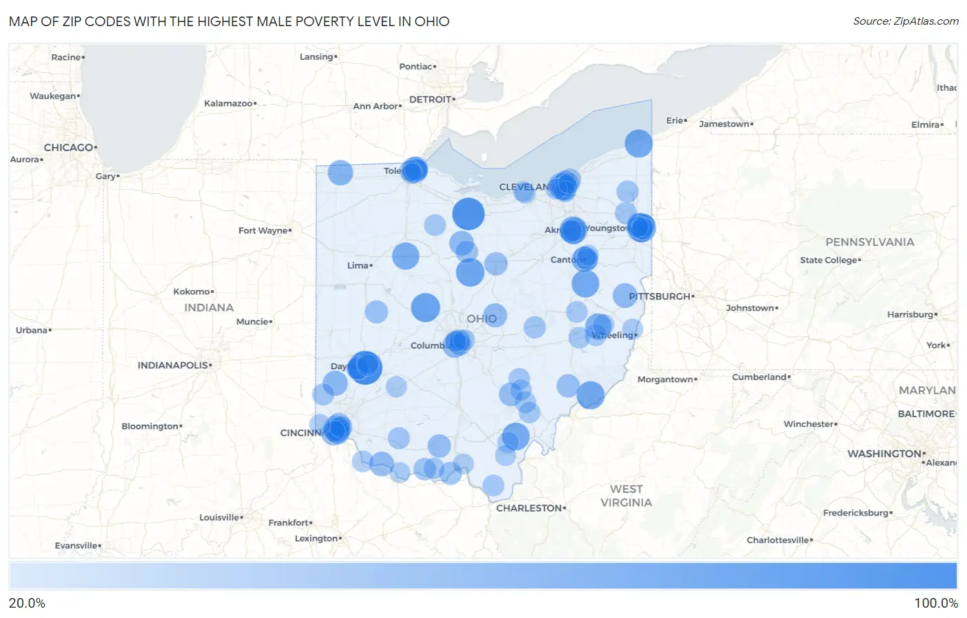 Zip Codes with the Highest Male Poverty Level in Ohio Map