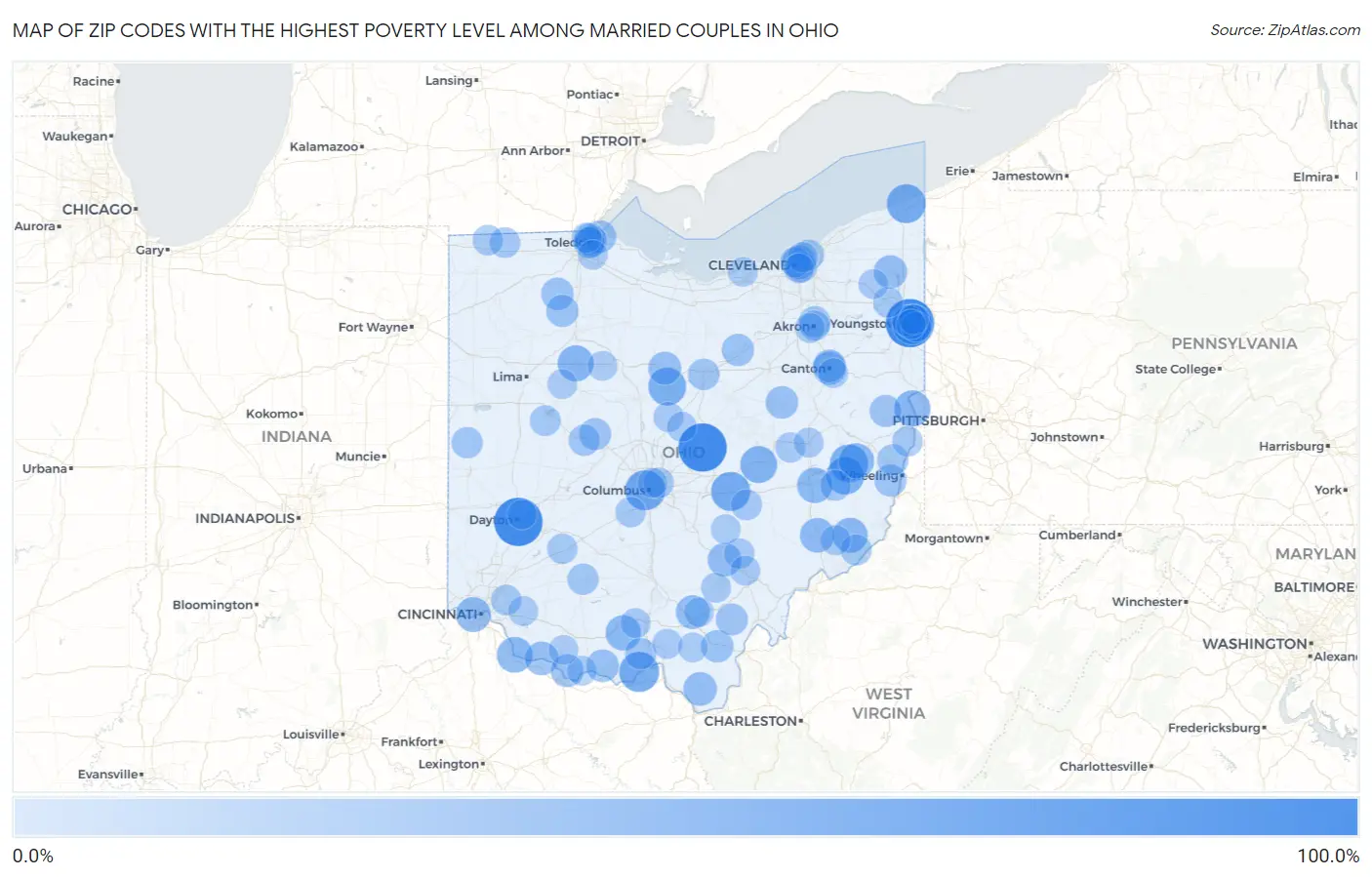 Zip Codes with the Highest Poverty Level Among Married Couples in Ohio Map
