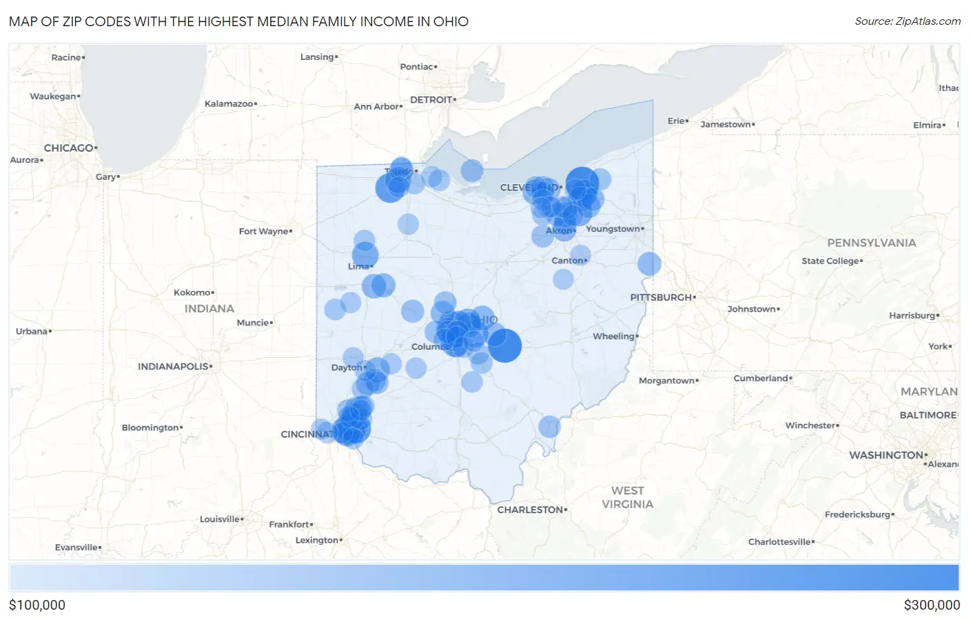 Zip Codes with the Highest Median Family Income in Ohio Map