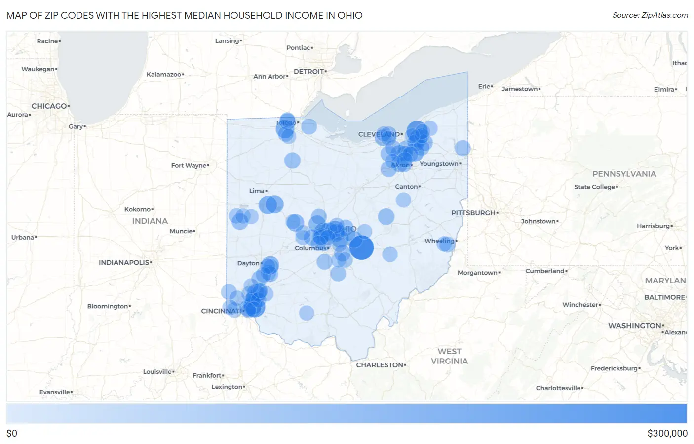 Zip Codes with the Highest Median Household Income in Ohio Map