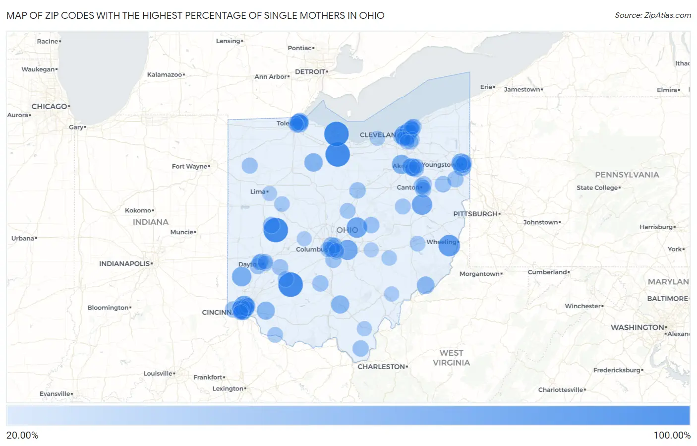Zip Codes with the Highest Percentage of Single Mothers in Ohio Map