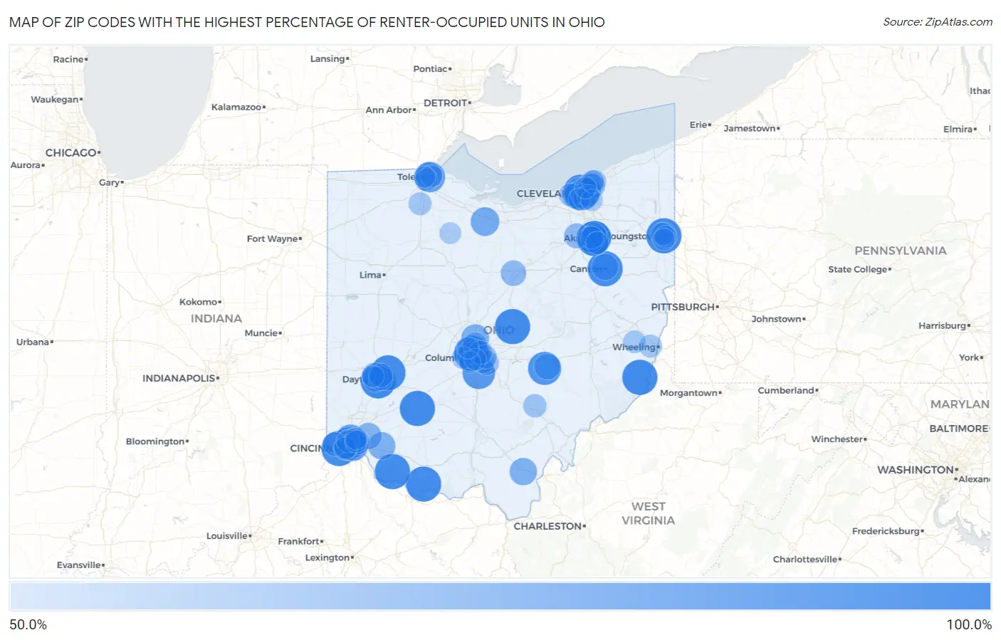 Zip Codes with the Highest Percentage of Renter-Occupied Units in Ohio Map