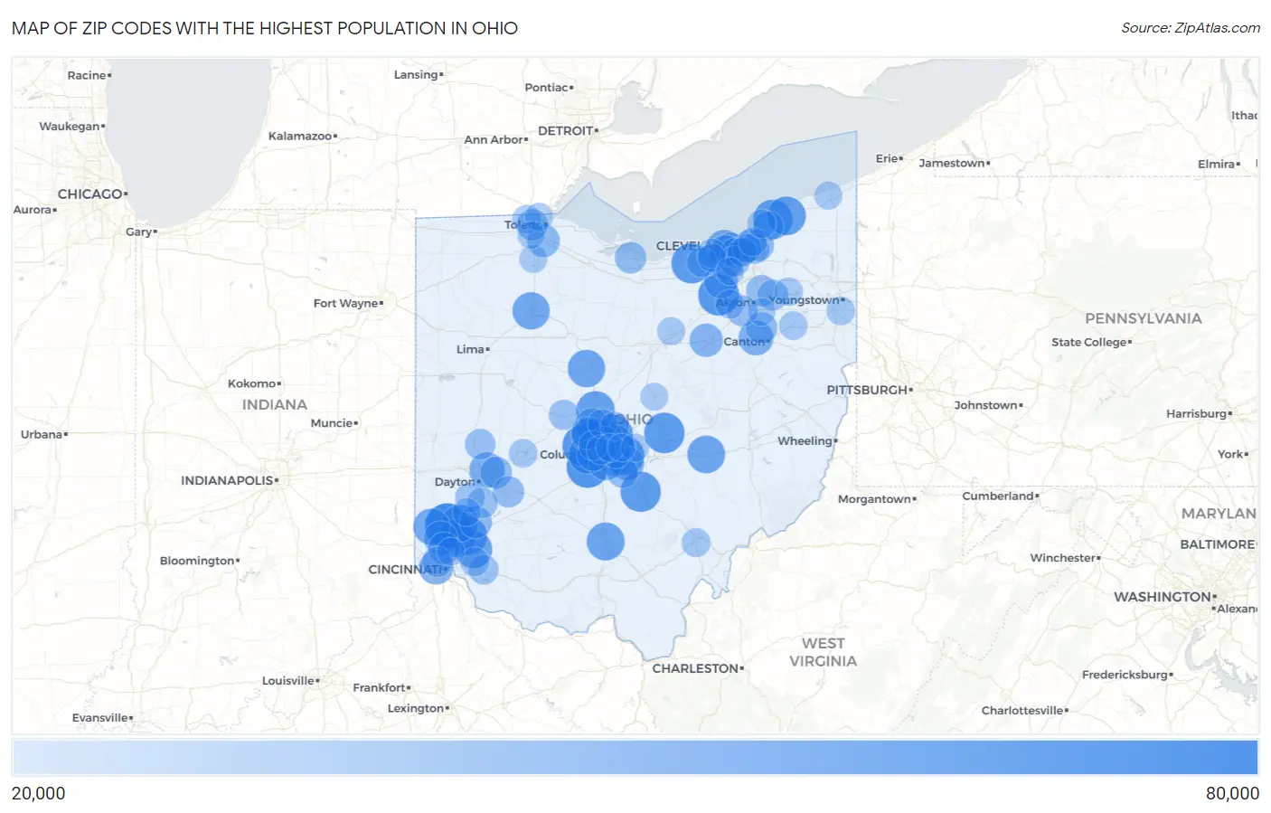 Zip Codes with the Highest Population in Ohio Map