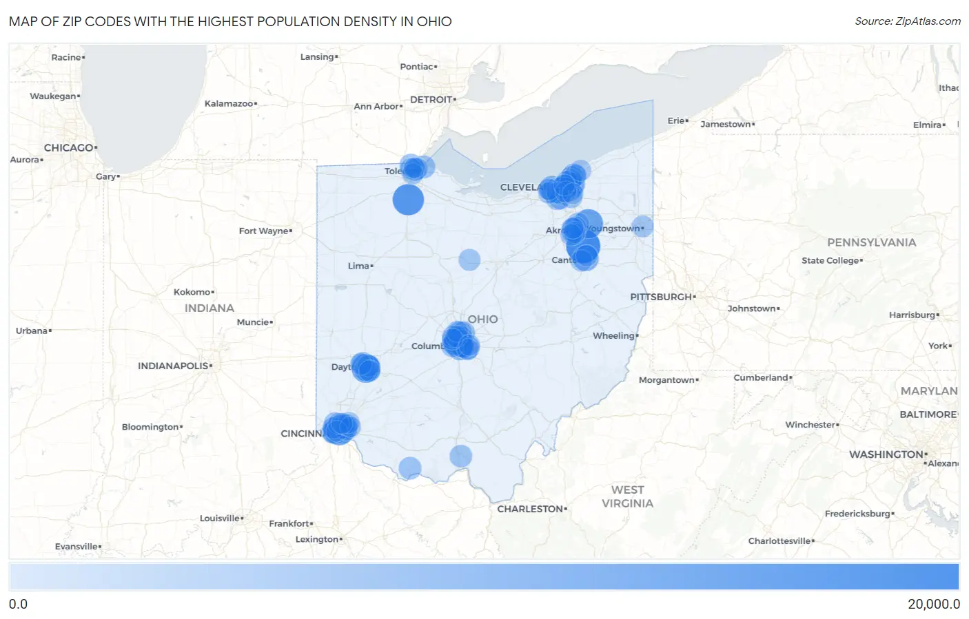 Zip Codes with the Highest Population Density in Ohio Map
