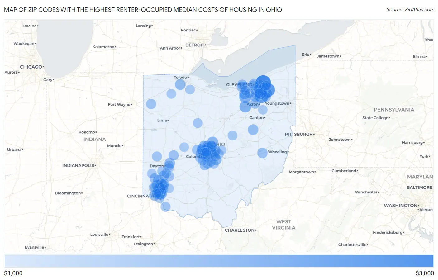 Zip Codes with the Highest Renter-Occupied Median Costs of Housing in Ohio Map