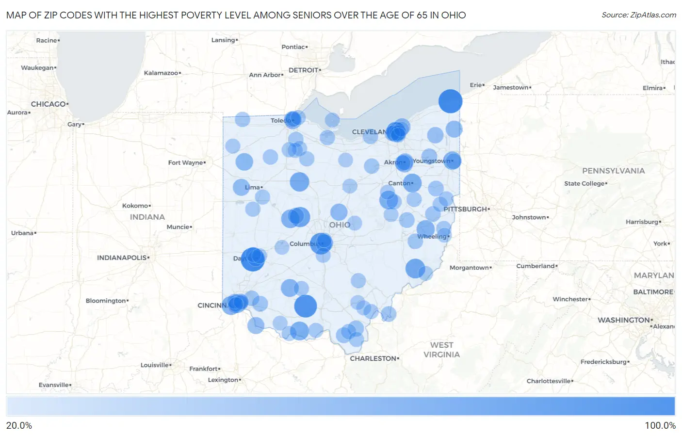 Zip Codes with the Highest Poverty Level Among Seniors Over the Age of 65 in Ohio Map