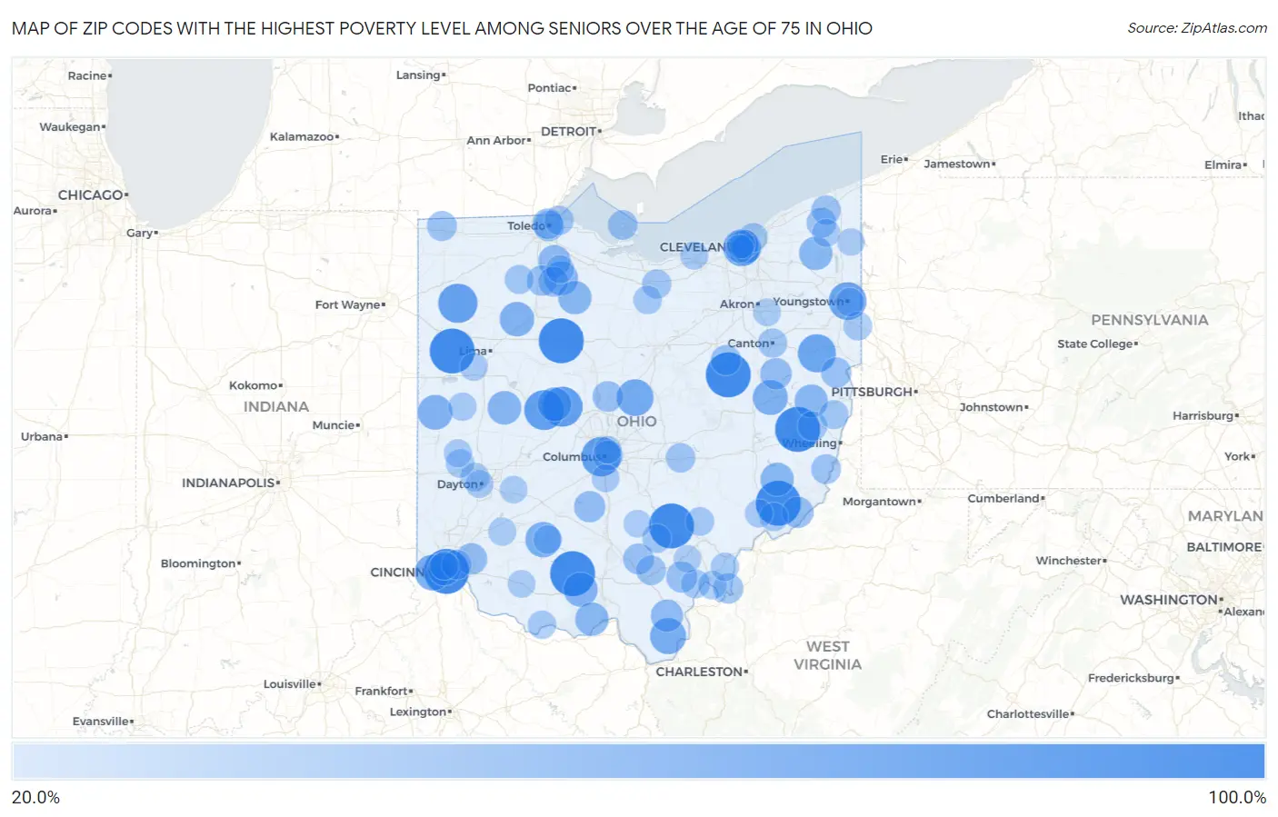 Zip Codes with the Highest Poverty Level Among Seniors Over the Age of 75 in Ohio Map