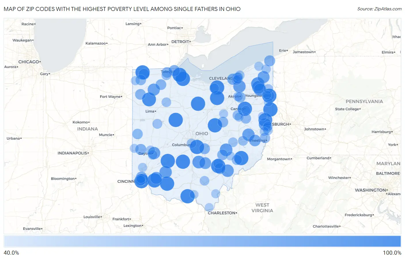 Zip Codes with the Highest Poverty Level Among Single Fathers in Ohio Map