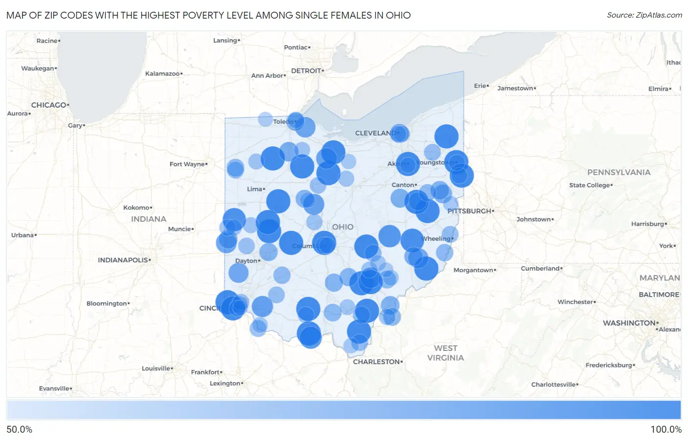 Zip Codes with the Highest Poverty Level Among Single Females in Ohio Map