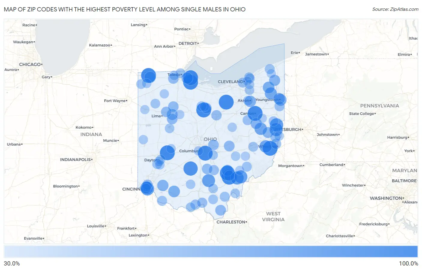 Zip Codes with the Highest Poverty Level Among Single Males in Ohio Map