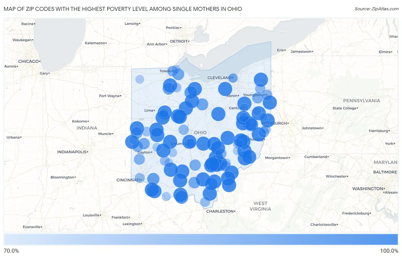 Zip Codes with the Highest Poverty Level Among Single Mothers in Ohio Map