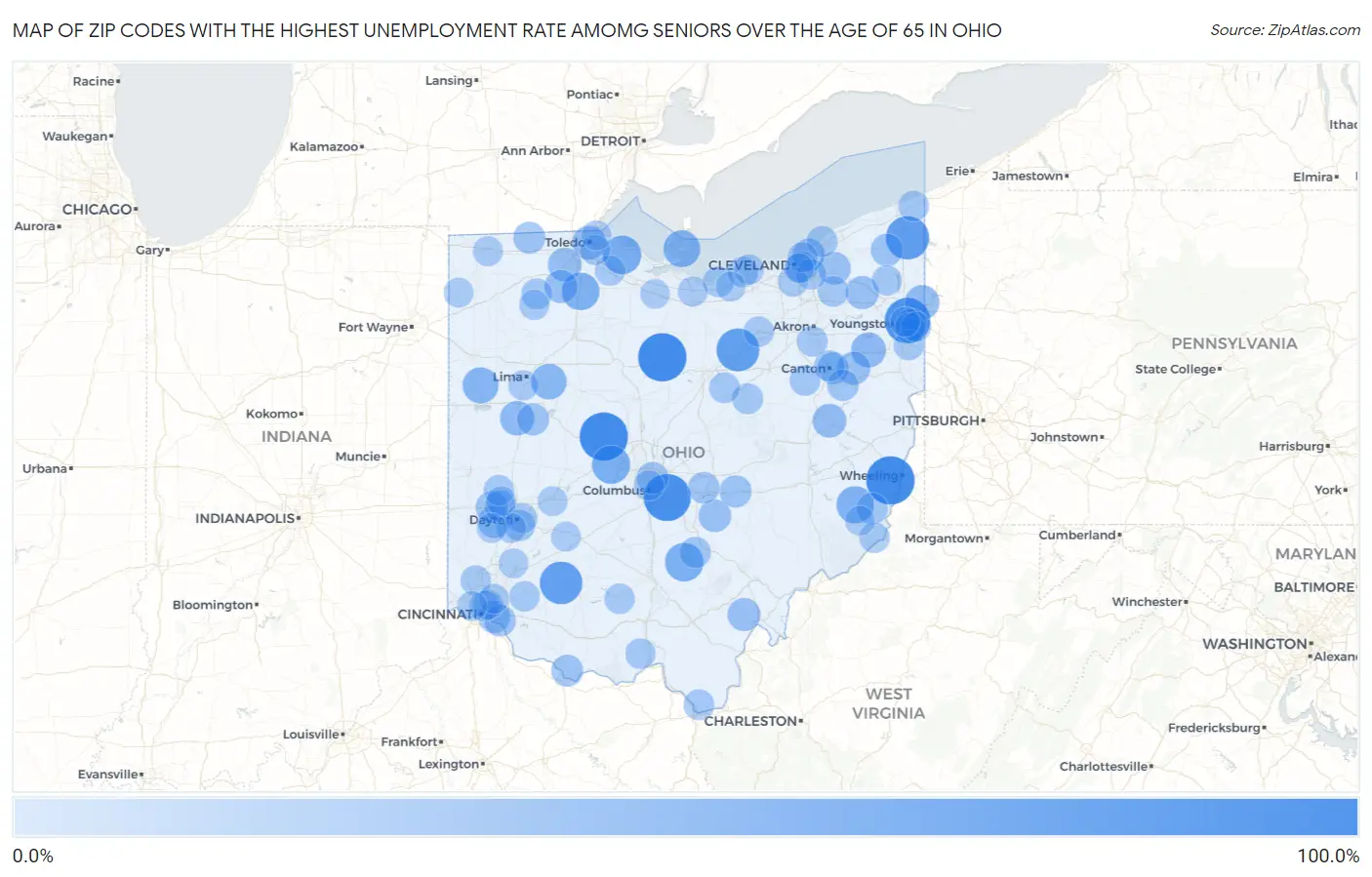 Zip Codes with the Highest Unemployment Rate Amomg Seniors Over the Age of 65 in Ohio Map