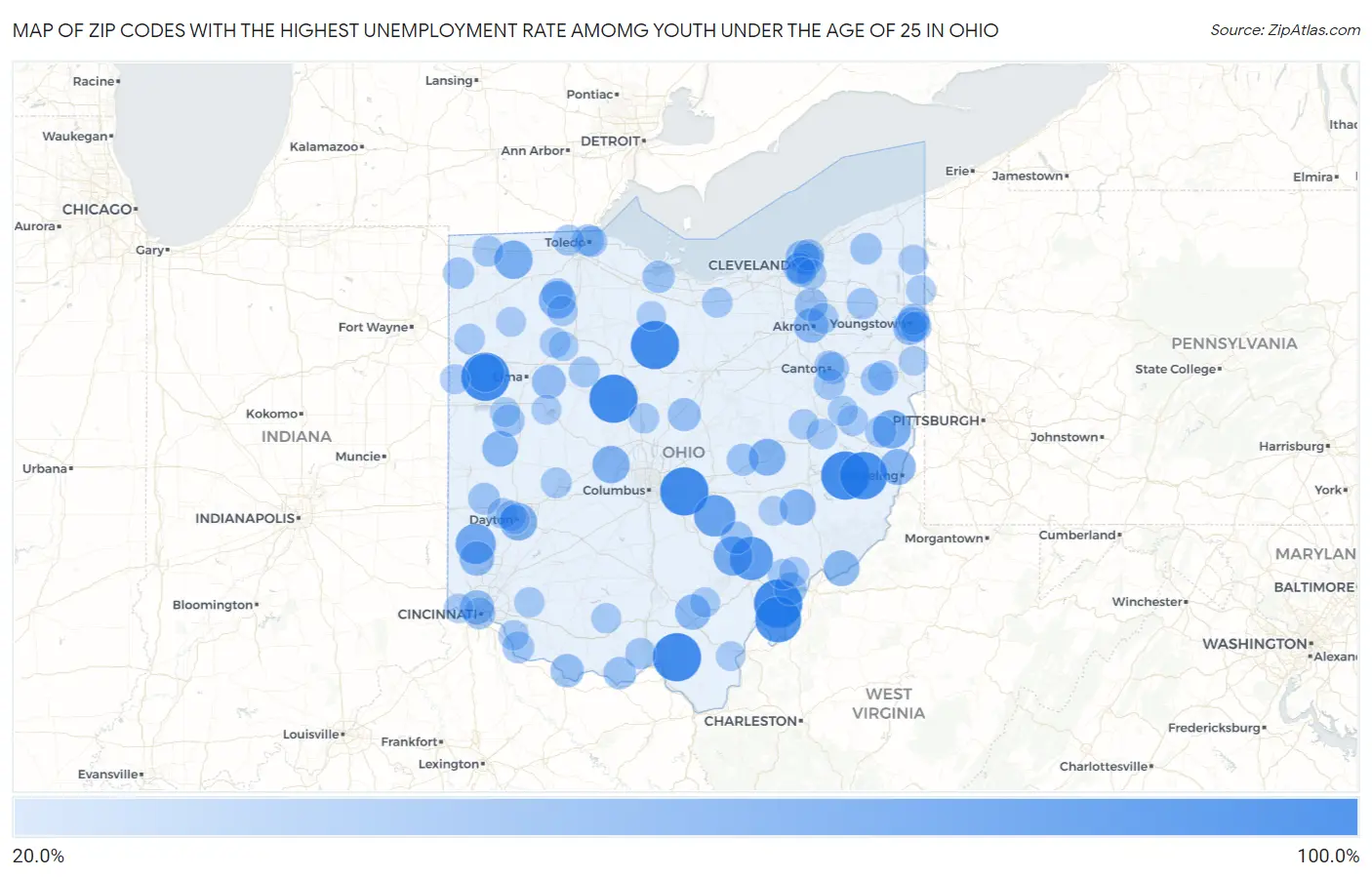 Zip Codes with the Highest Unemployment Rate Amomg Youth Under the Age of 25 in Ohio Map