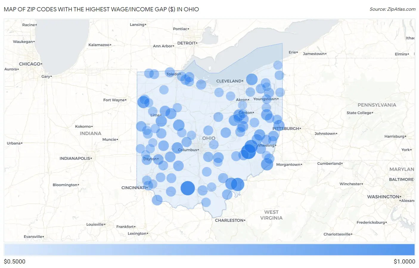 Zip Codes with the Highest Wage/Income Gap ($) in Ohio Map