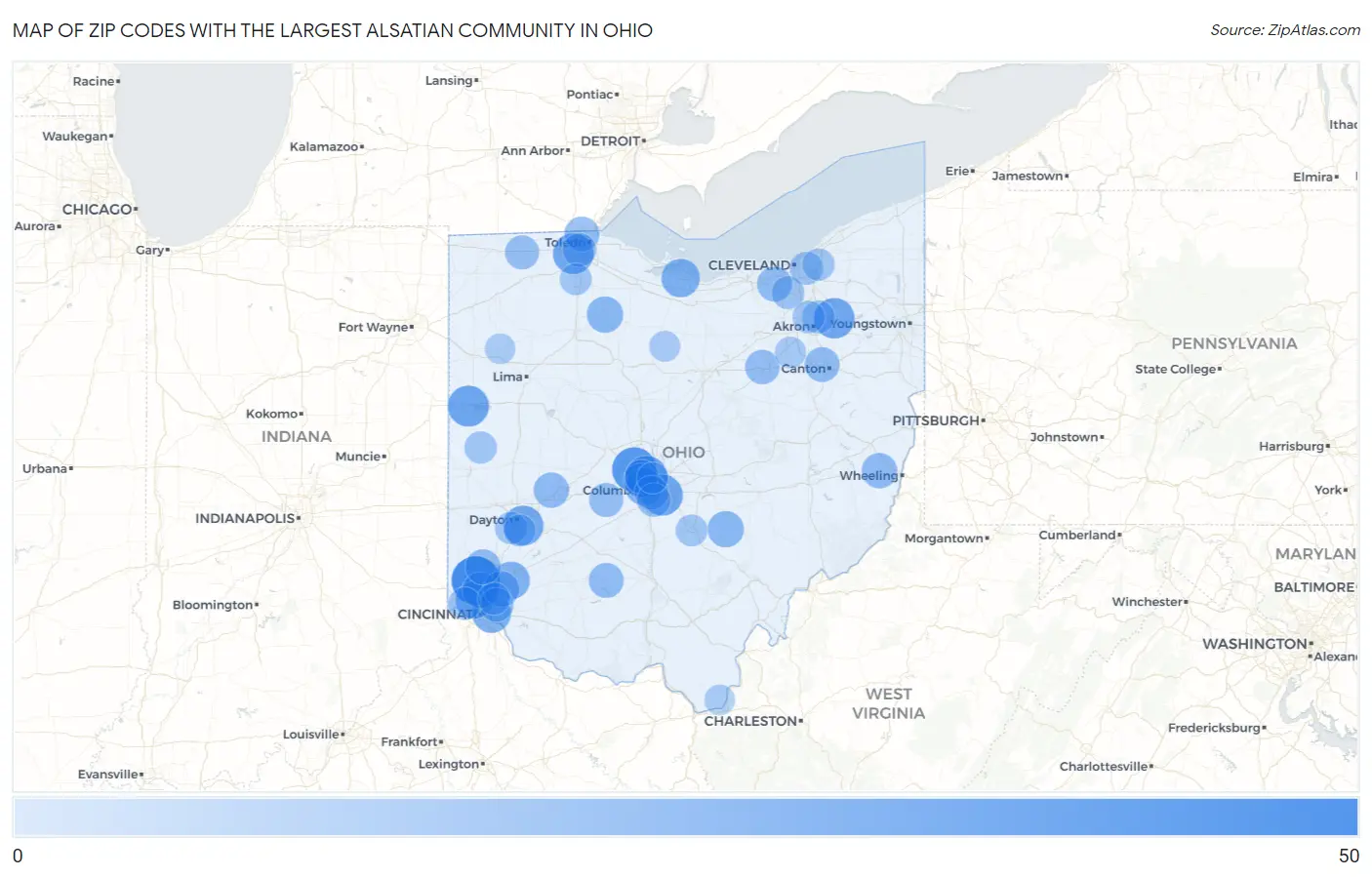 Zip Codes with the Largest Alsatian Community in Ohio Map