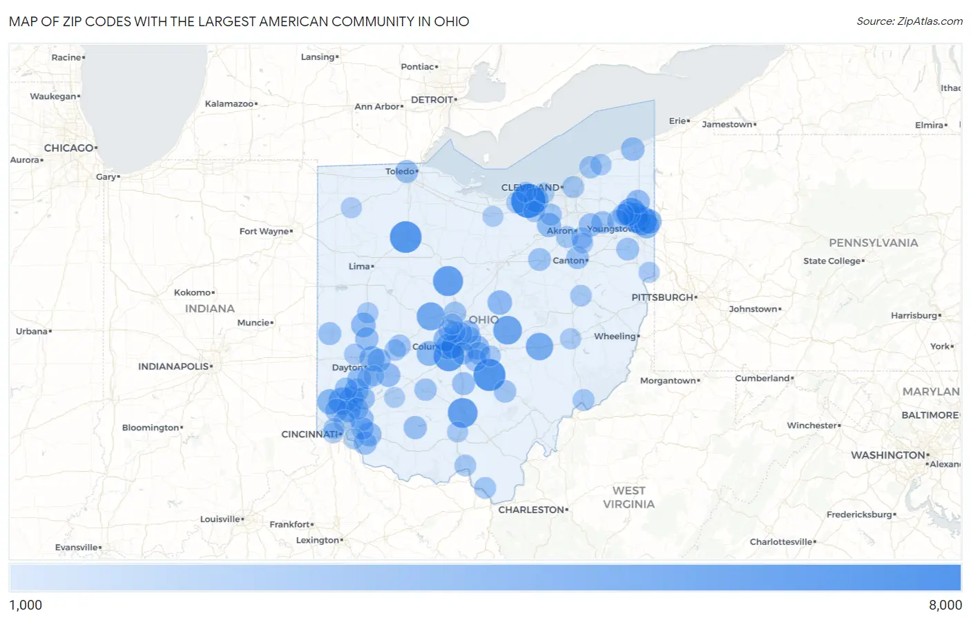 Zip Codes with the Largest American Community in Ohio Map
