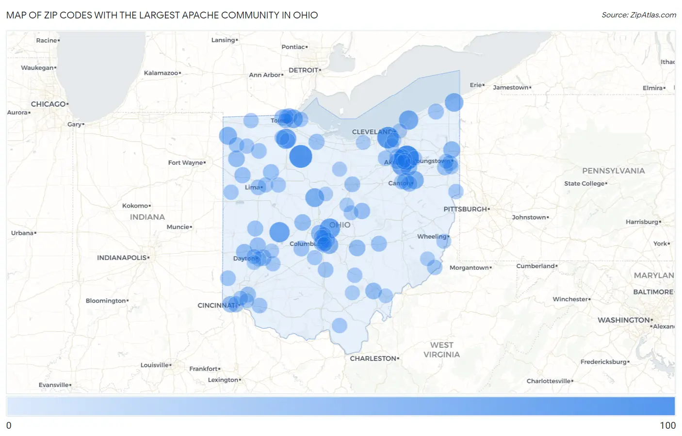 Zip Codes with the Largest Apache Community in Ohio Map