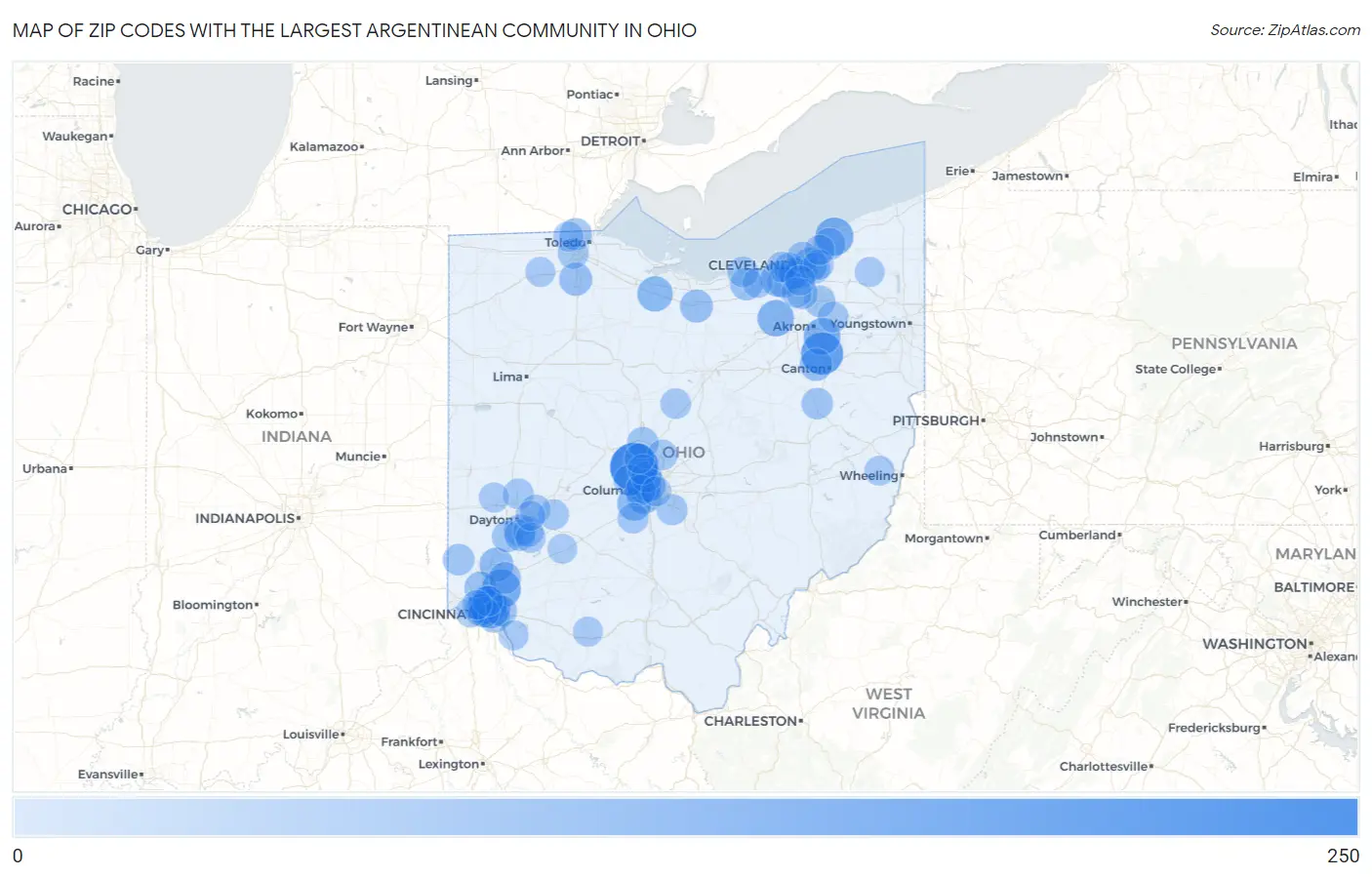 Zip Codes with the Largest Argentinean Community in Ohio Map