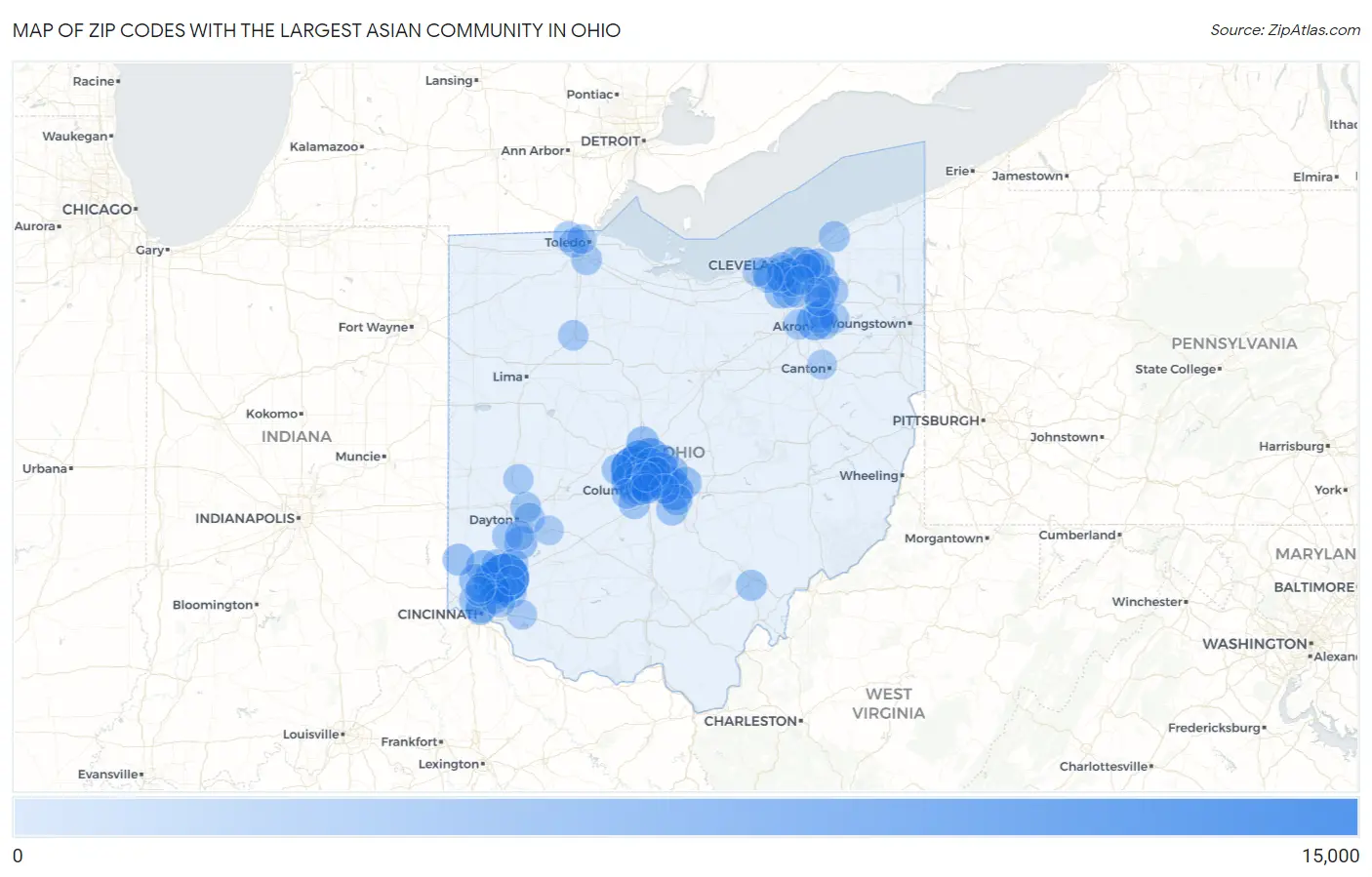 Zip Codes with the Largest Asian Community in Ohio Map
