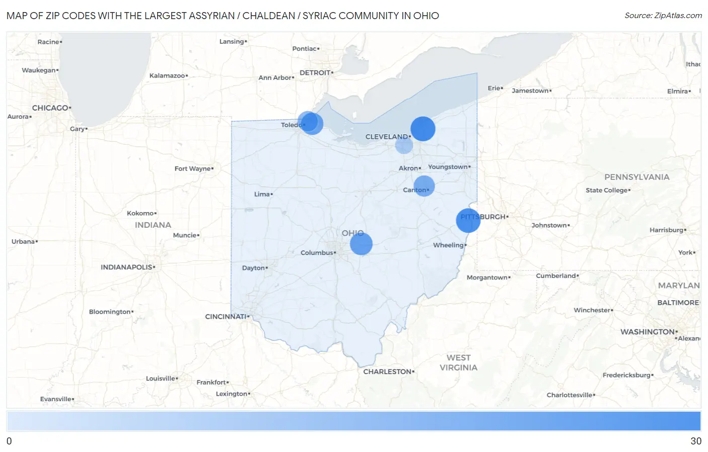 Zip Codes with the Largest Assyrian / Chaldean / Syriac Community in Ohio Map