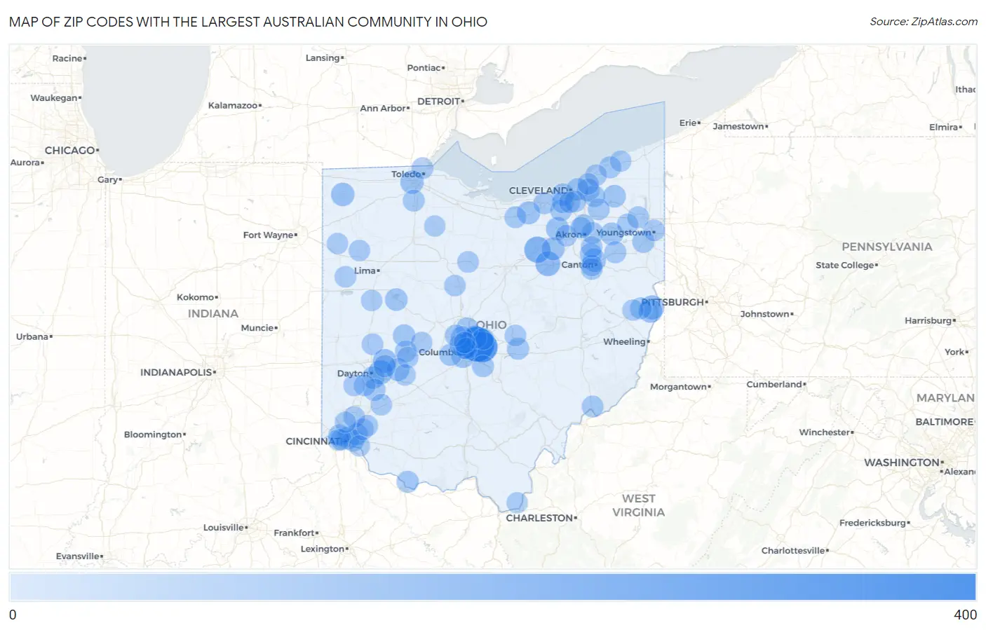 Zip Codes with the Largest Australian Community in Ohio Map
