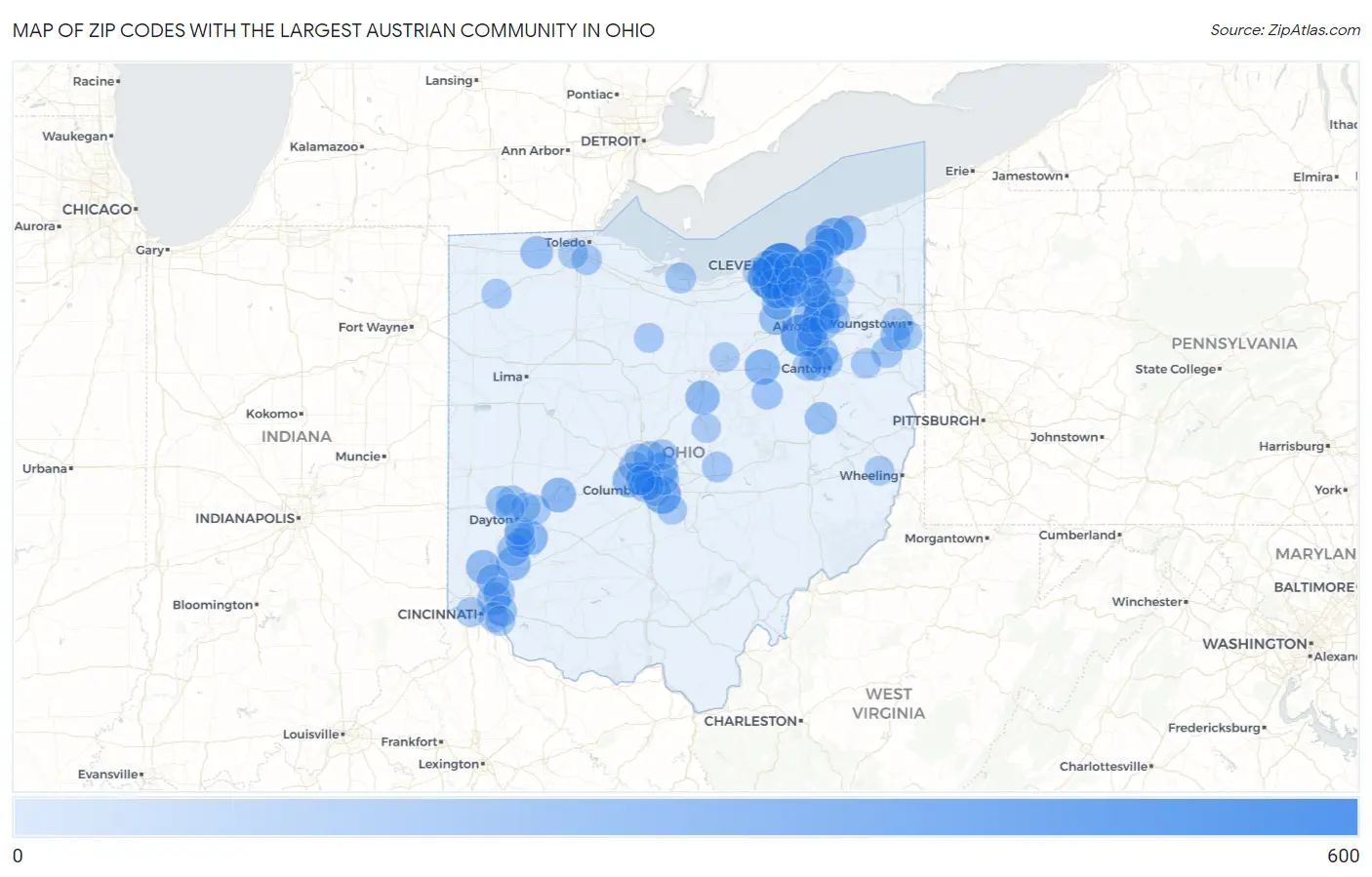 Zip Codes with the Largest Austrian Community in Ohio Map