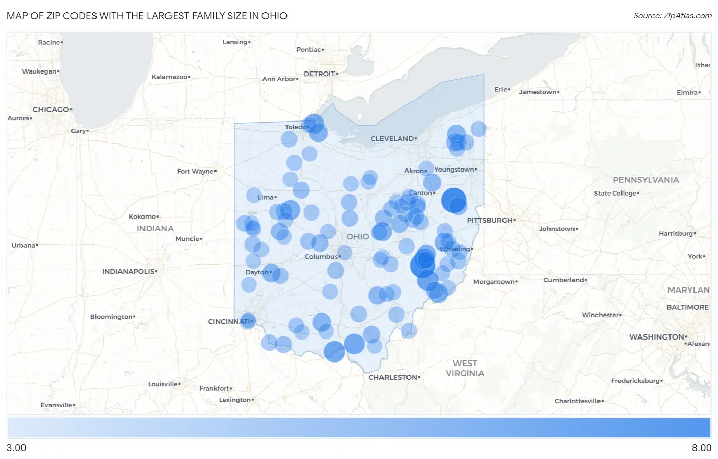 Zip Codes with the Largest Family Size in Ohio Map