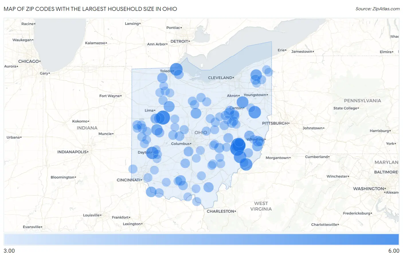 Zip Codes with the Largest Household Size in Ohio Map