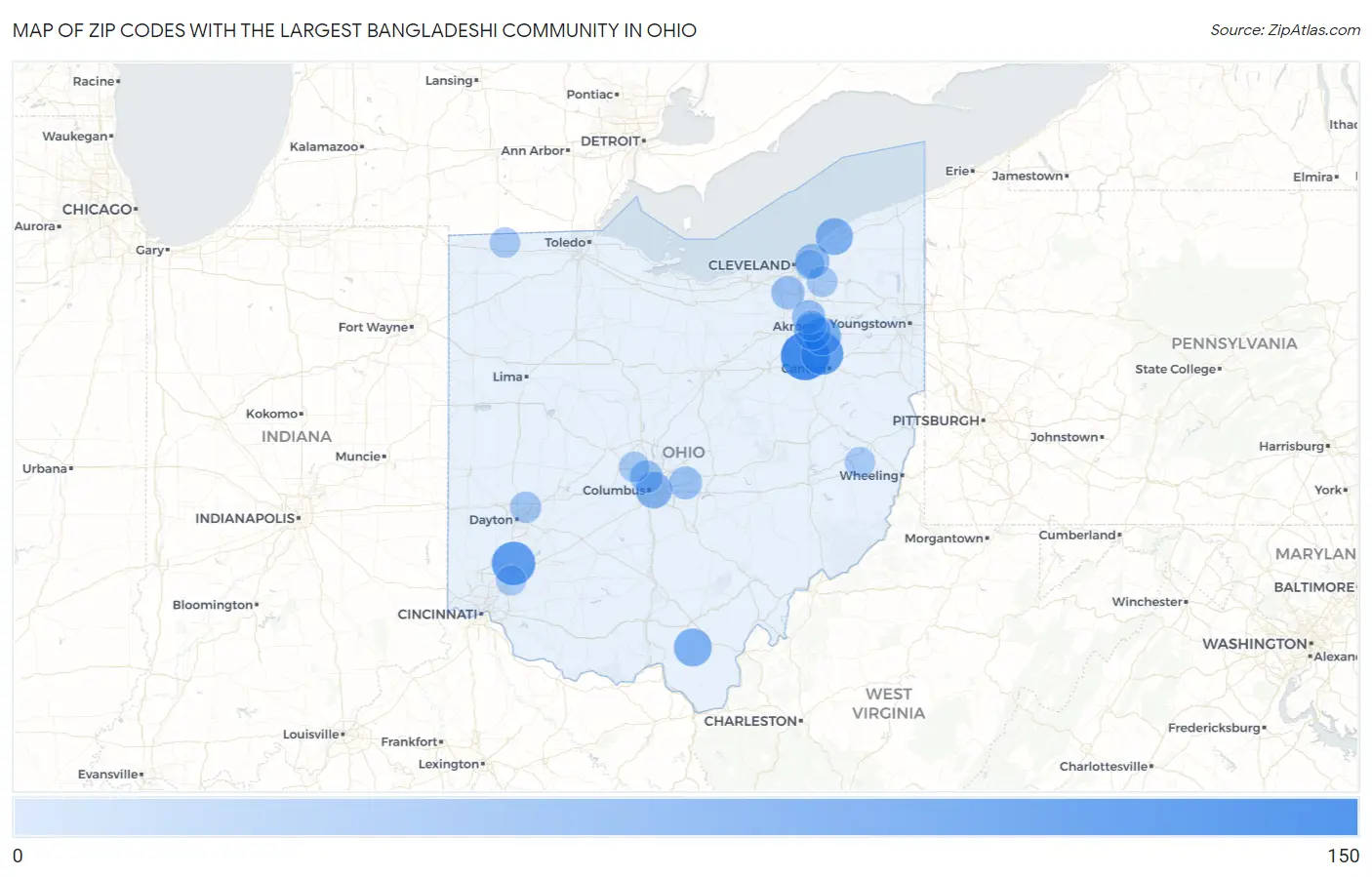 Zip Codes with the Largest Bangladeshi Community in Ohio Map