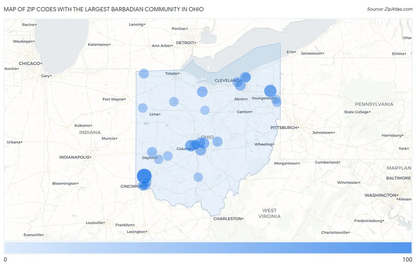 Zip Codes with the Largest Barbadian Community in Ohio Map