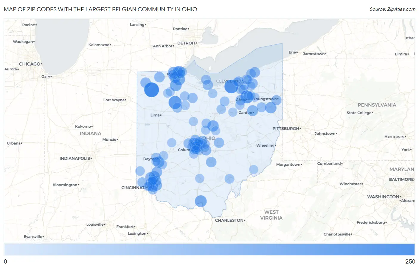 Zip Codes with the Largest Belgian Community in Ohio Map
