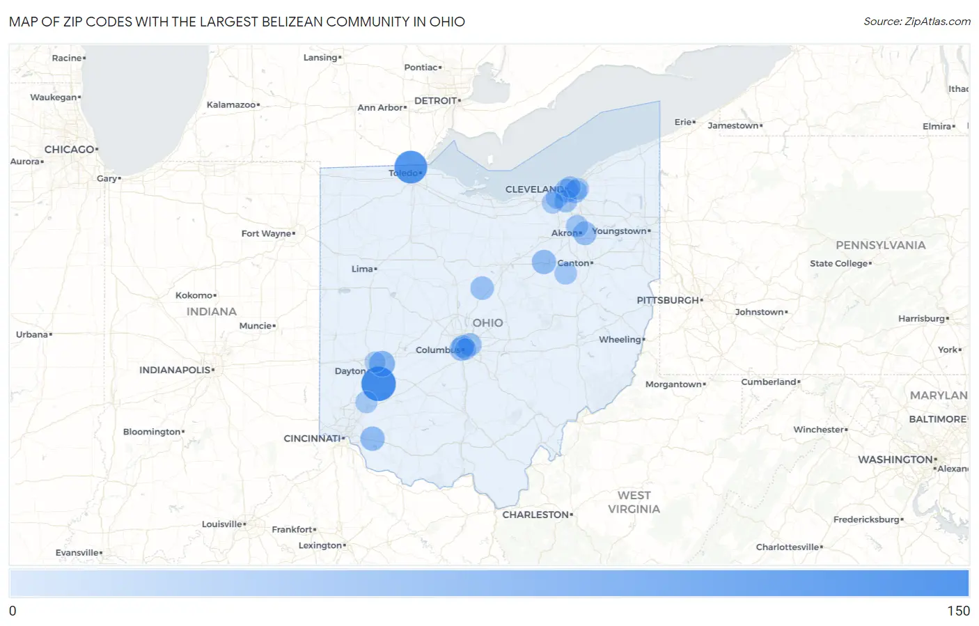 Zip Codes with the Largest Belizean Community in Ohio Map