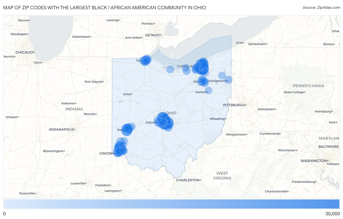 Zip Codes with the Largest Black / African American Community in Ohio Map