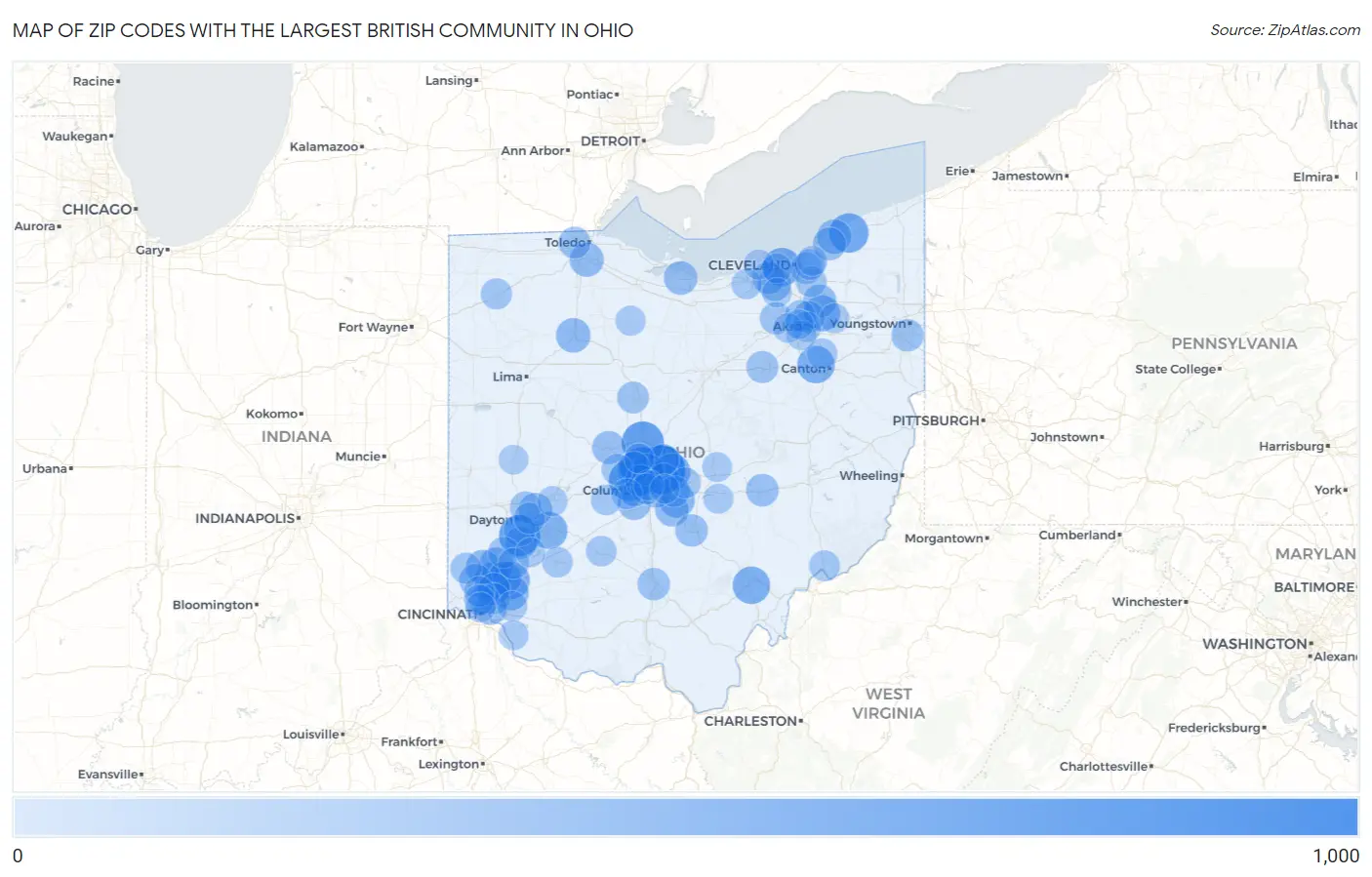 Zip Codes with the Largest British Community in Ohio Map