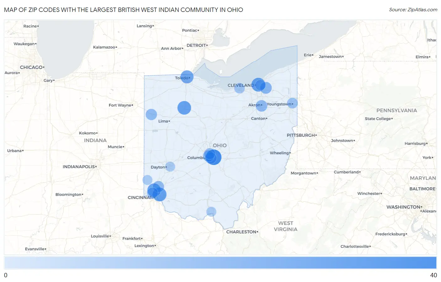 Zip Codes with the Largest British West Indian Community in Ohio Map