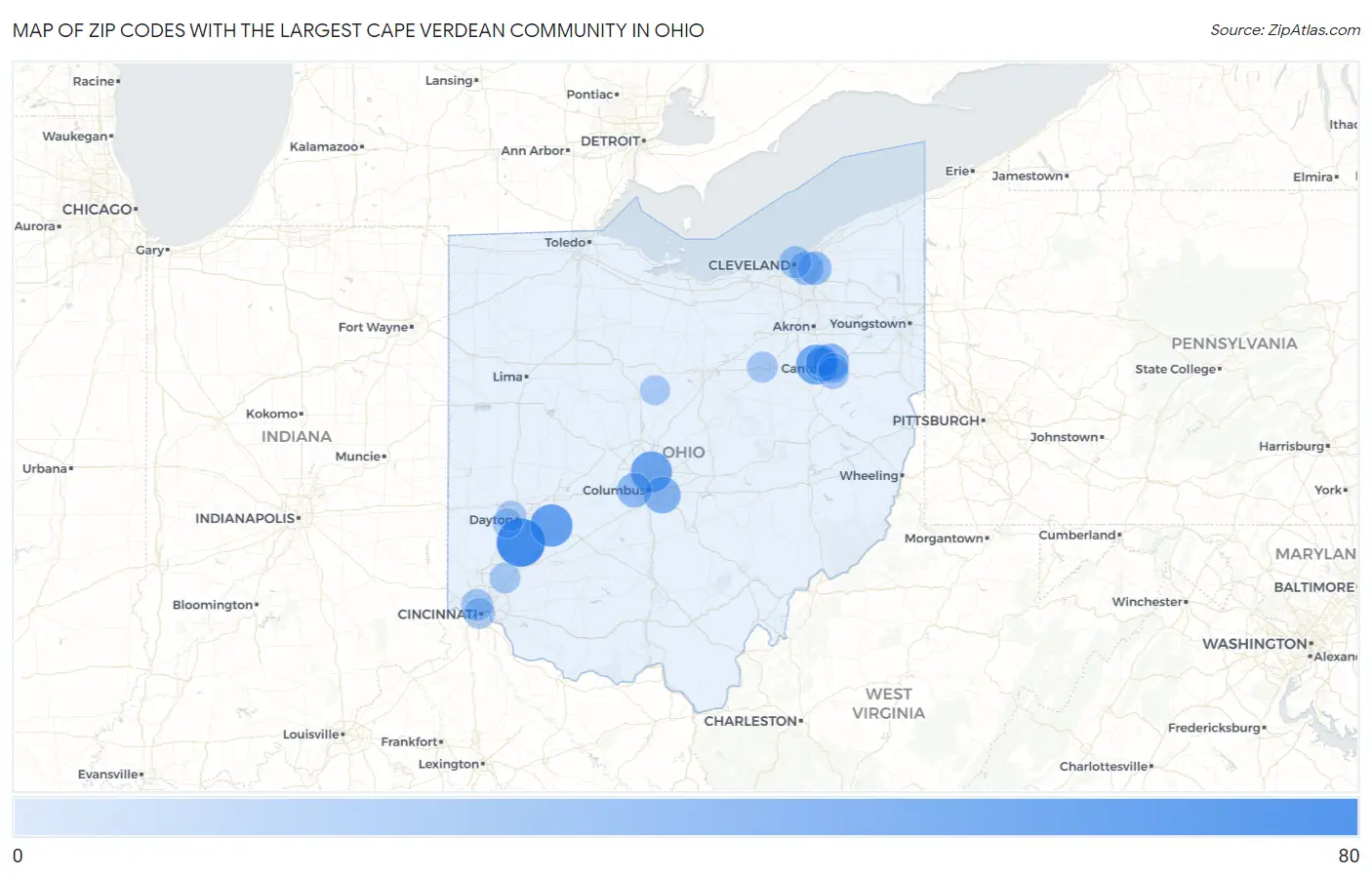 Zip Codes with the Largest Cape Verdean Community in Ohio Map