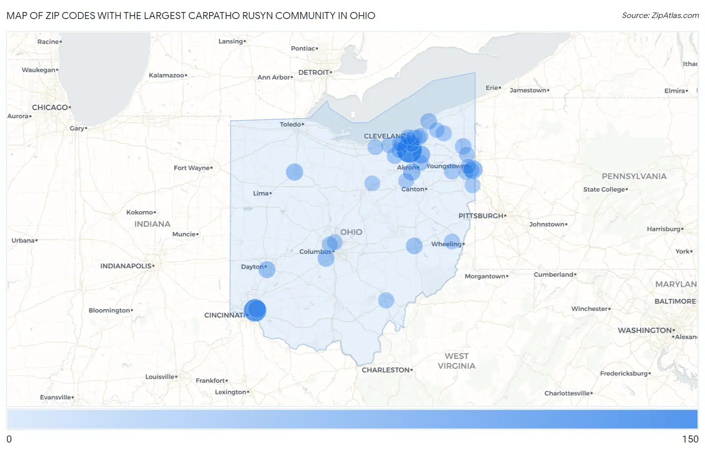 Zip Codes with the Largest Carpatho Rusyn Community in Ohio Map