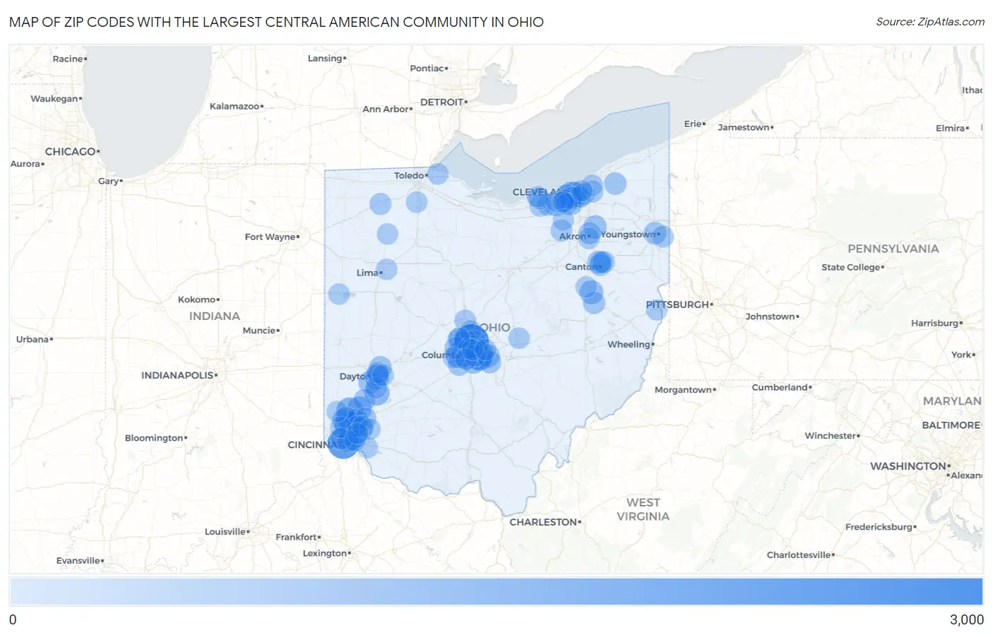Zip Codes with the Largest Central American Community in Ohio Map