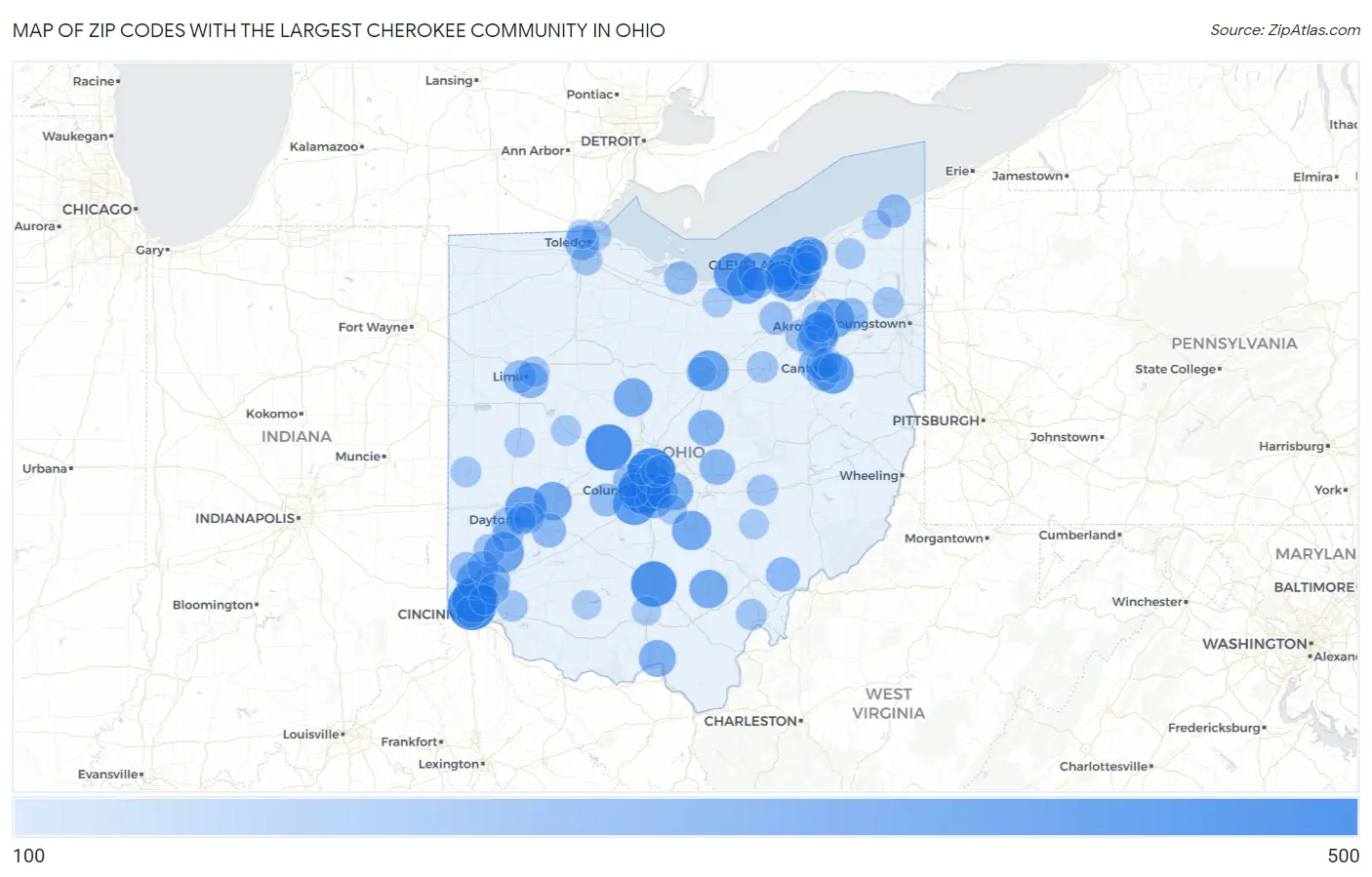 Zip Codes with the Largest Cherokee Community in Ohio Map